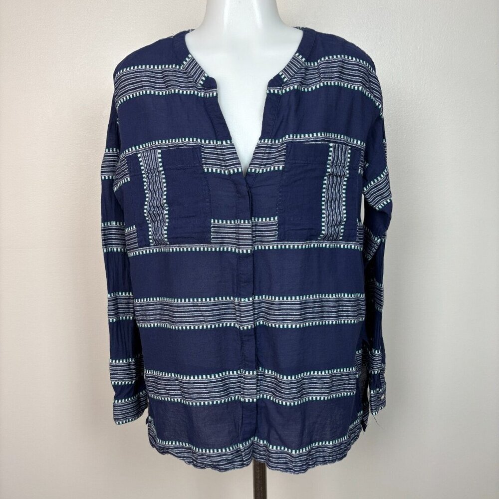 Old Navy Top Medium Blue Striped Relaxed‎ Fit Button-Front Shirt Cotton Women's